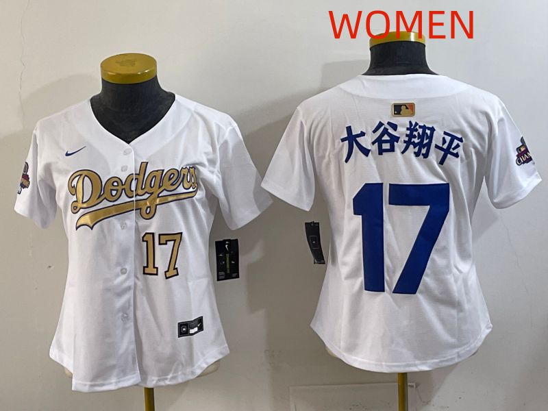 Women Los Angeles Dodgers #17 Ohtani White Champion edition Nike MLB Jersey style 003->women mlb jersey->Women Jersey